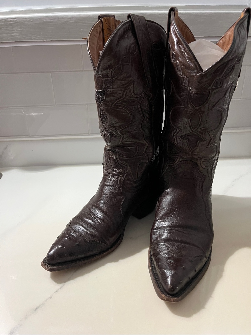 Montana West Dark Brown Embossed Leather Ostrich Western Heeled Boots